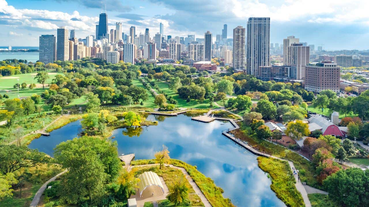 Vue sur Chicago avec un parc et un étang au premier plan