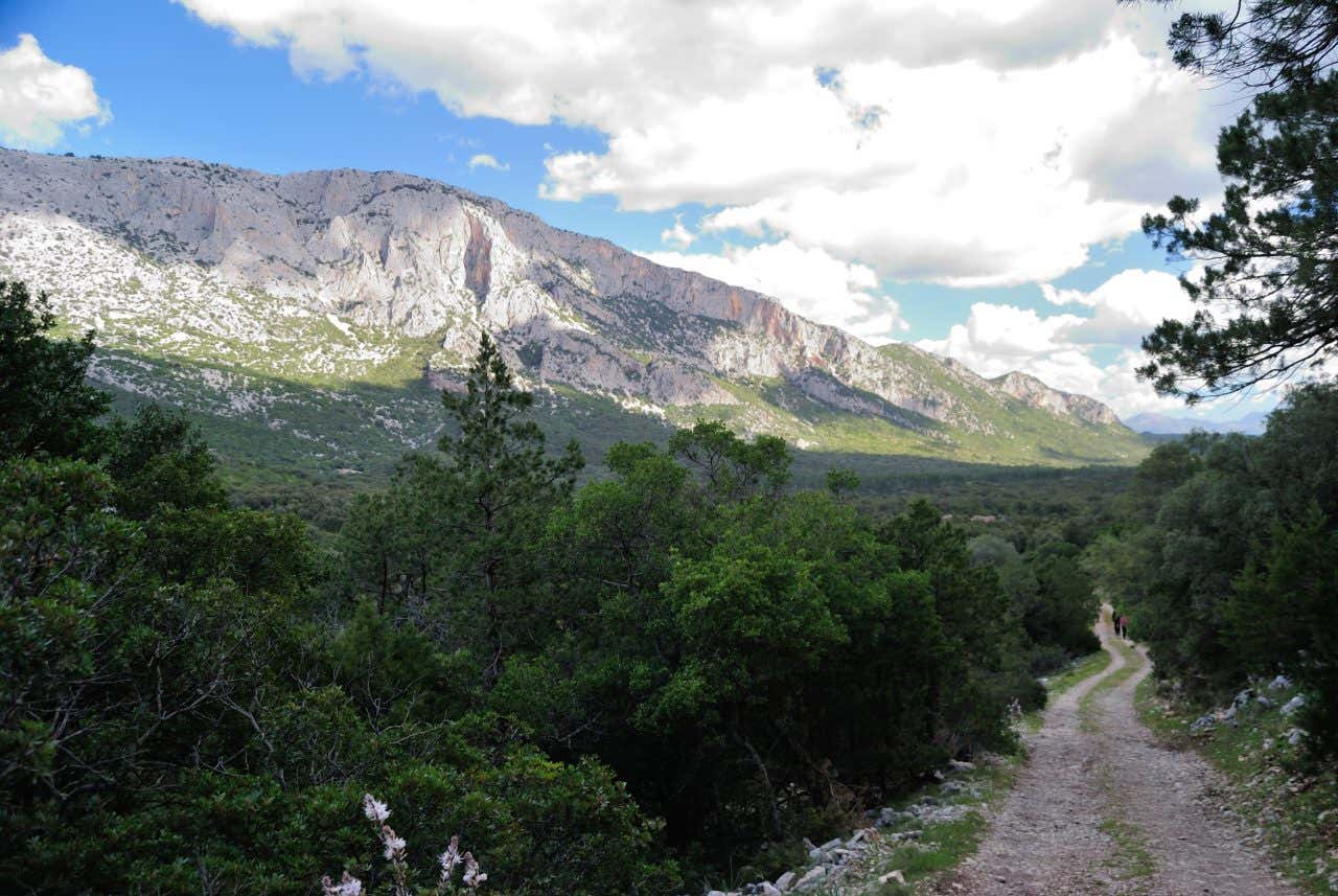 Una valle attraversata da un piccolo sentiero sterrato e sul fondo una catena montuosa dalla cima brulla e un cielo attraversato da nuvole