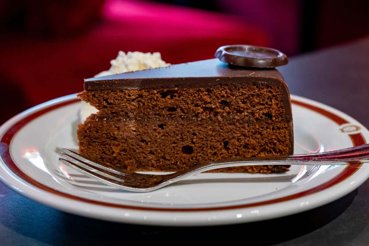 Un plato con una porción de tarta Sacher, un bizcocho con cobertura de chocolate y un poco de nata montada al lado