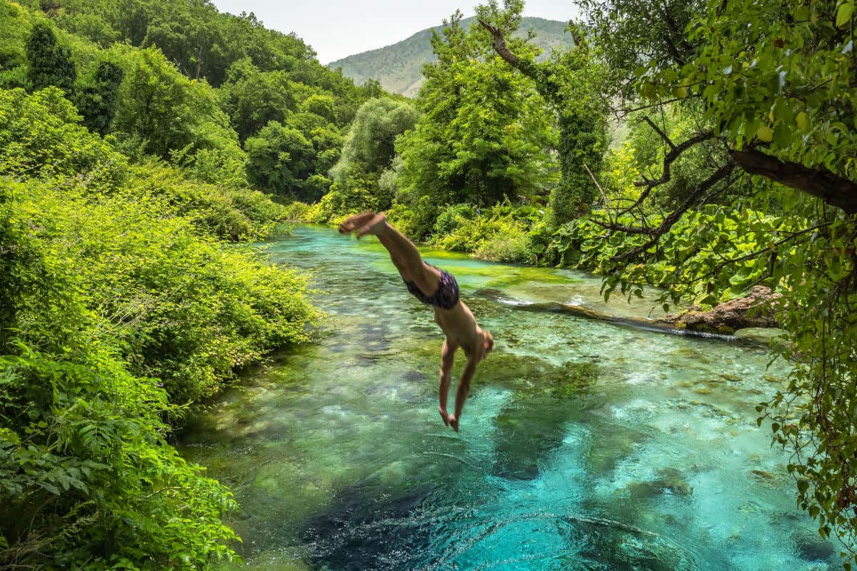 Un uomo in costume da bagno che salta in una sorgente di acqua cristallina e circondata da piante