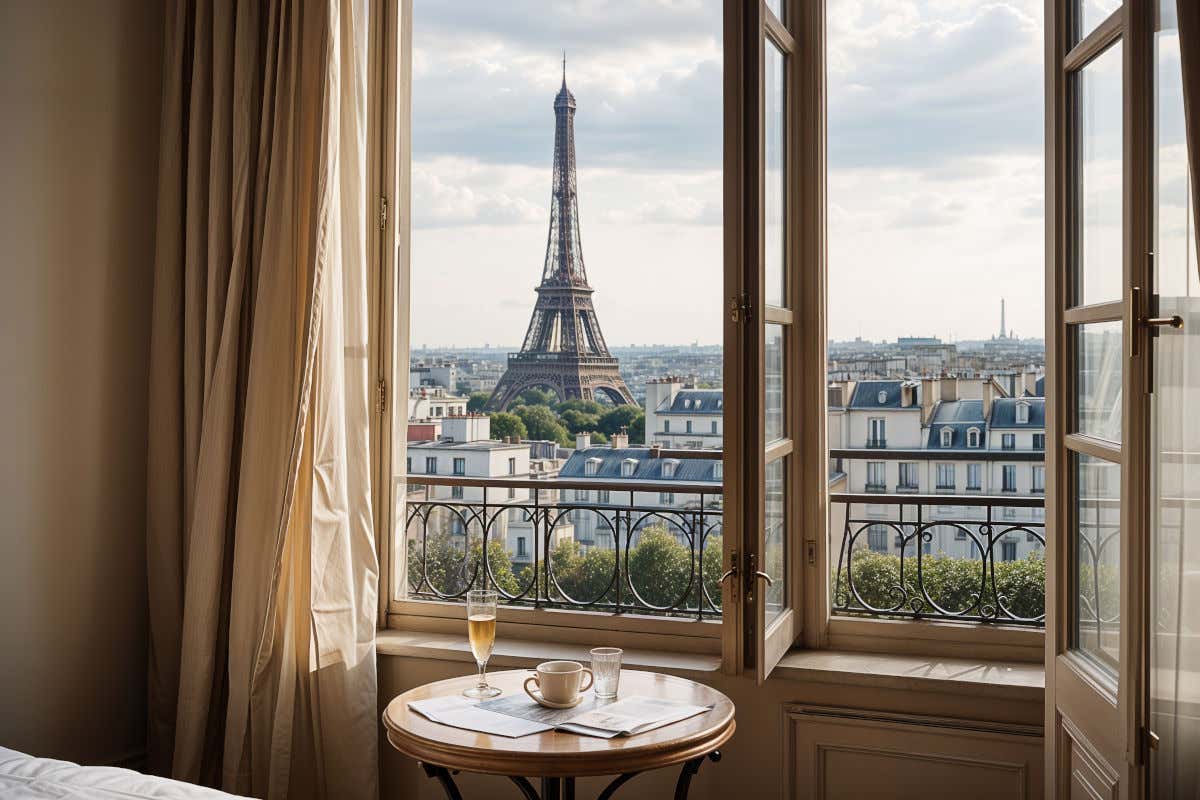 Vista de la Torre Eiffel desde la ventana de un hotel con una copa de cava y un café servido en una pequeña mesa de noche, una postal idílica de una de las ciudades más bonitas del mundo