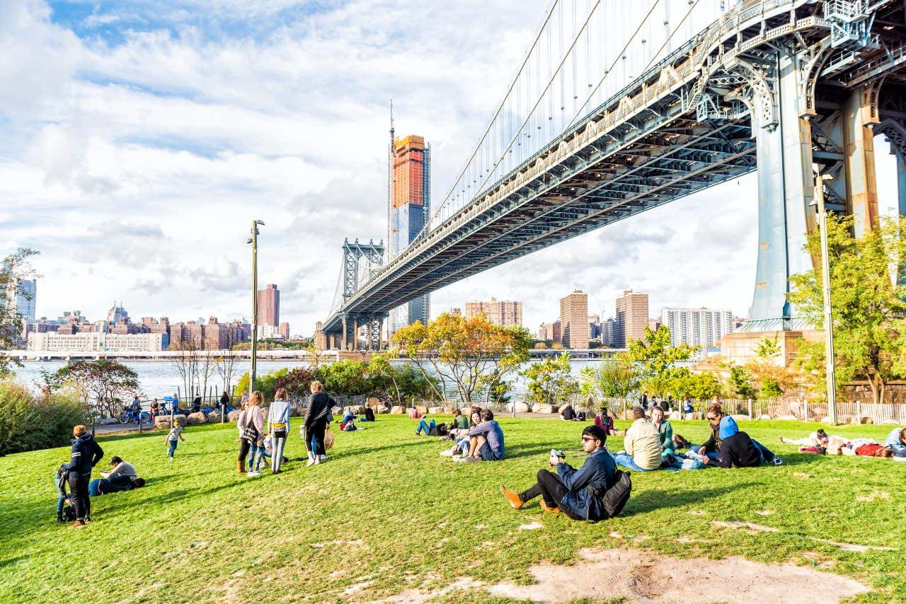 A group of people sitting and standing on a green space in Brooklyn Bridge Park.