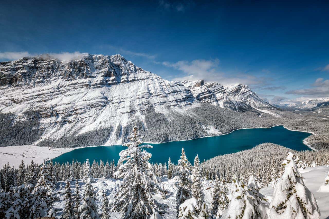 Paysage du parc national de Banff, classé au patrimoine mondial de l'UNESCO, avec des montagnes enneigées et un lac turquoise