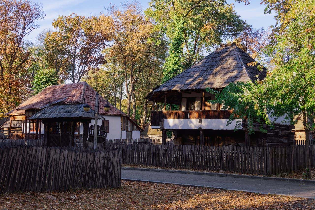 Due case in legno con tetto spiovente a più piai, divise da staccionate all'interno di un parco di Bucarest