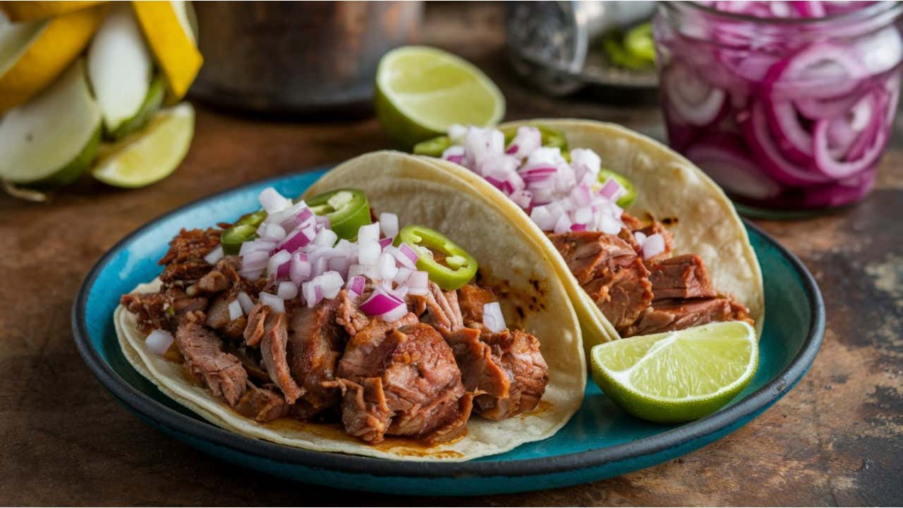 Primer plano de dos tacos mexicanos sobre un plato