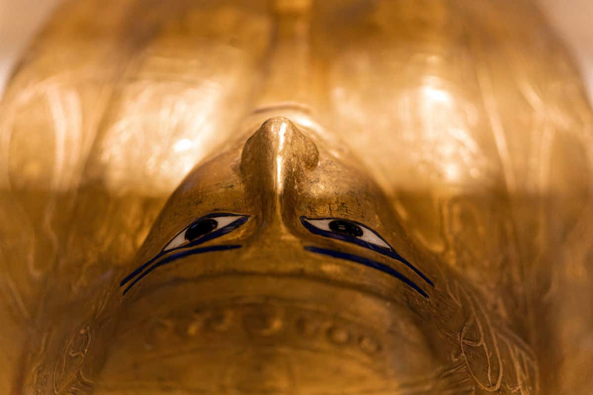 A golden sarcophagus in human form, one of the treasures housed in the National Museum of Egyptian Civilization, one of the must-see exhibits in Cairo.