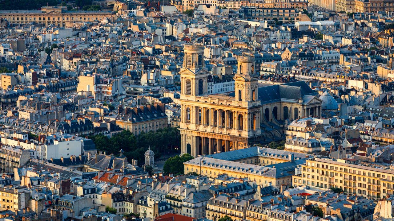 Église Saint-Sulpice as seen from the sky during the evening.