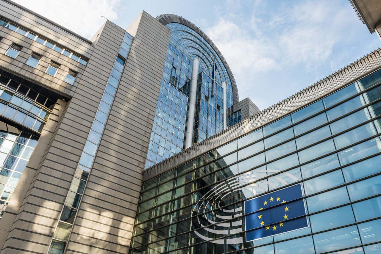 The European Parliament as seen from outside, with the sky in the background.