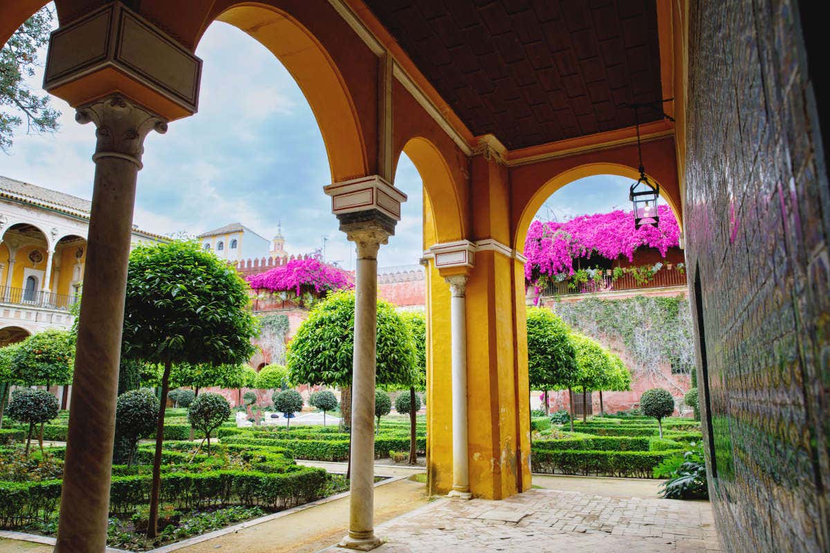 Jardines de la Casa de Pilatos con arbustos verdes y flores rosas