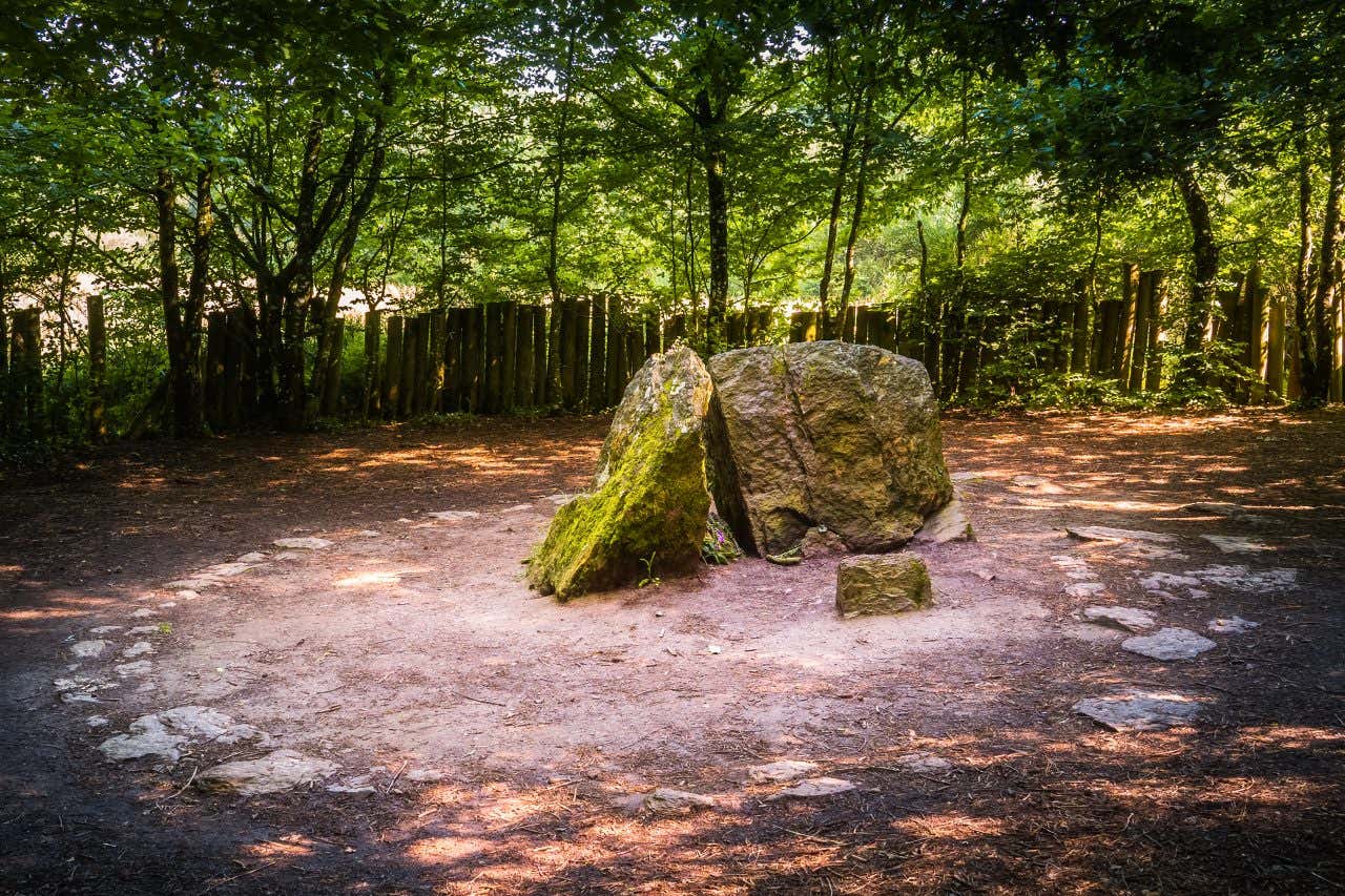 Le tombeau de Merlin, entouré par des arbres dans la forêt de Brocéliande