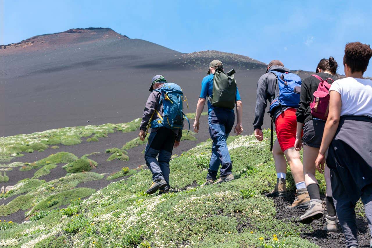 Un gruppo di escursionisti fanno trekking sulla cima dell'Etna, un paesaggio di terra nera e ciuffi di vegetazione verde