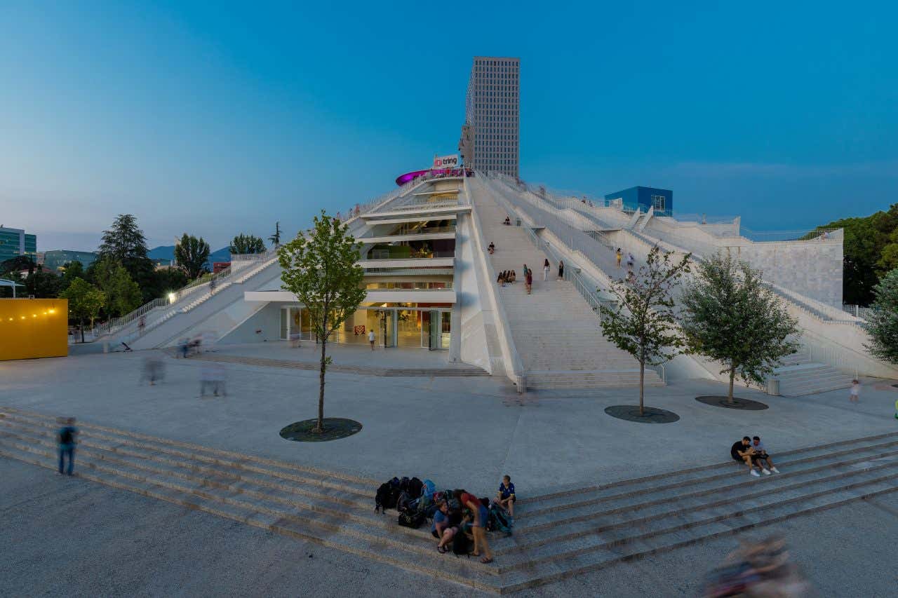 The Pyramid of Tirana seen at night.