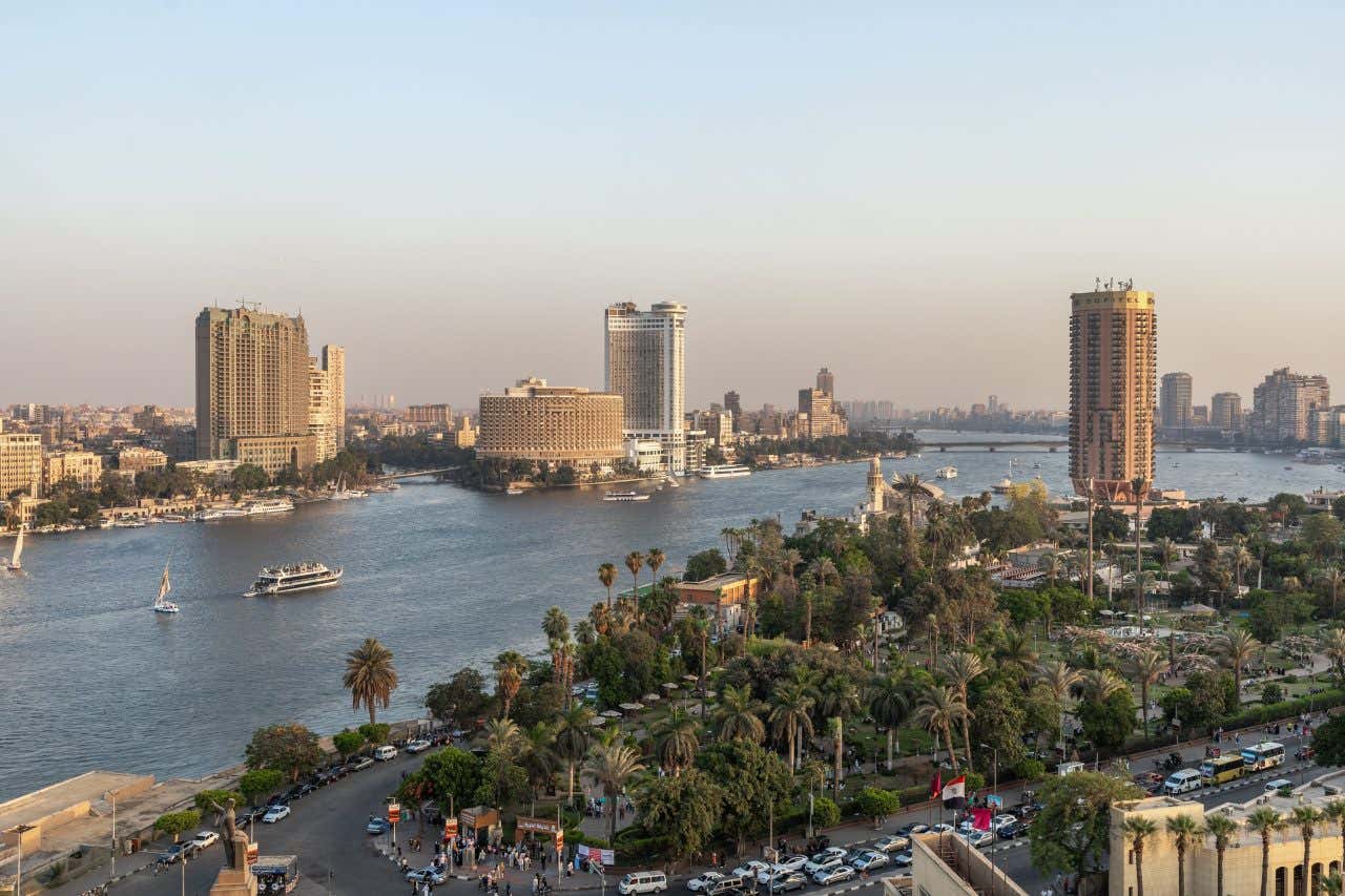 The Nile River running through Cairo seen from an aerial view.