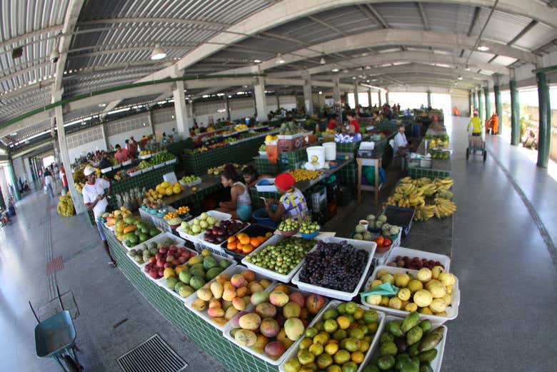 Bancas de frutas em um mercado de Aracaju