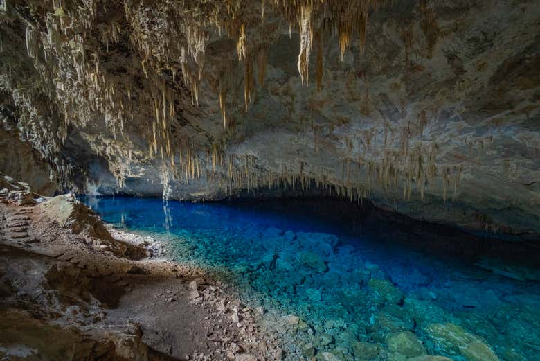 Entering the Blue Lake Cave