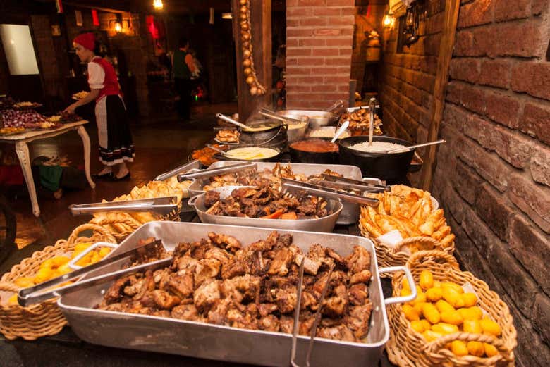 As delícias servidas no jantar tipo buffet