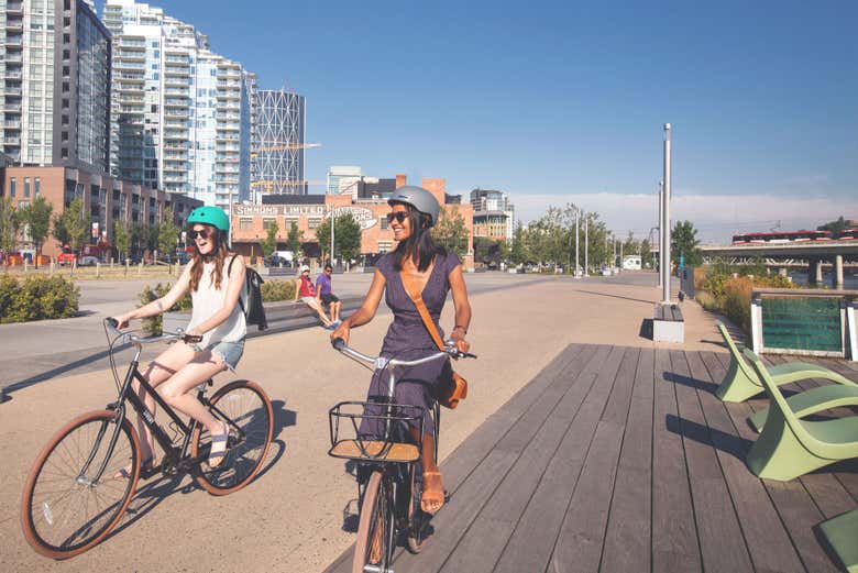 Tourists enjoying a bike tour of Calgary