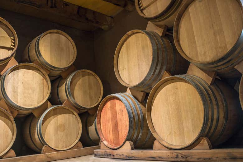 See wine barrels in the winery