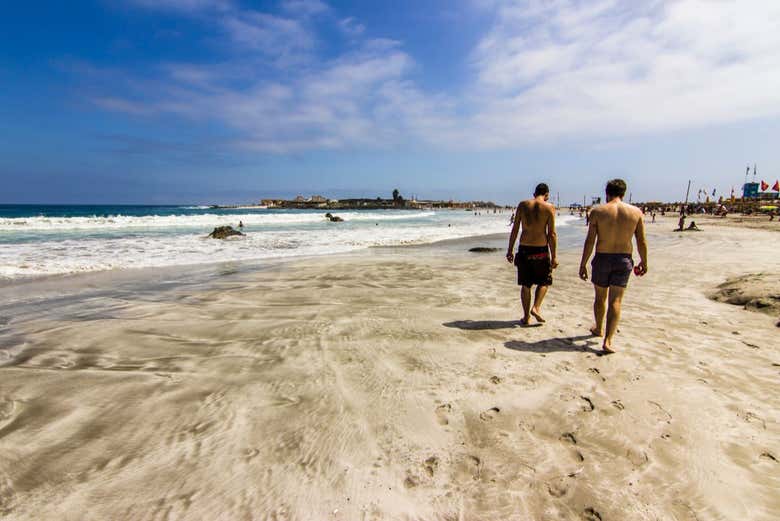 Dos amigos caminando en una de las playas de Coquimbo