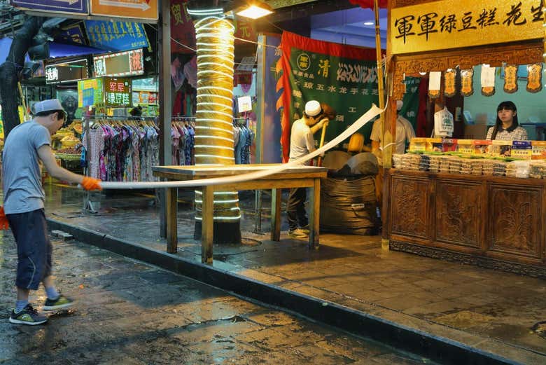 Noodle making in the Muslim Quarter in Xi'an