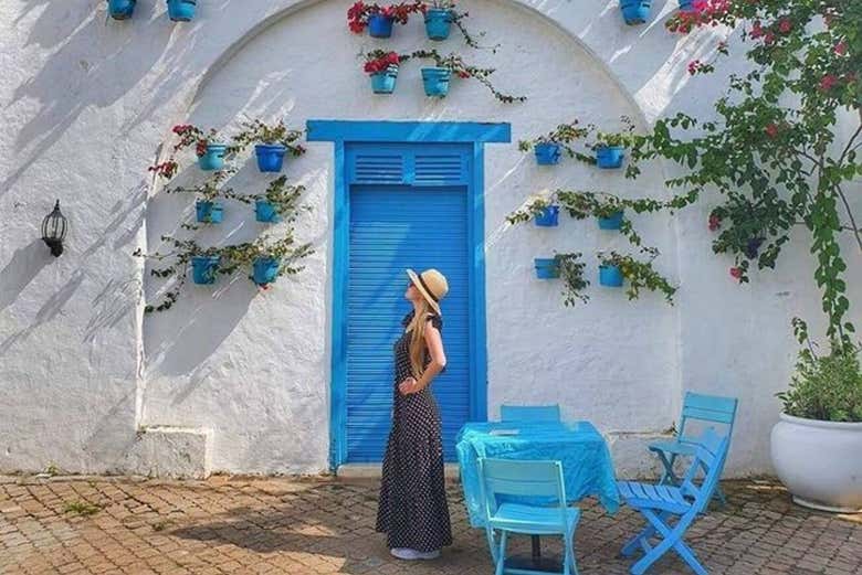 Posando en las icónicas casas con puertas azules