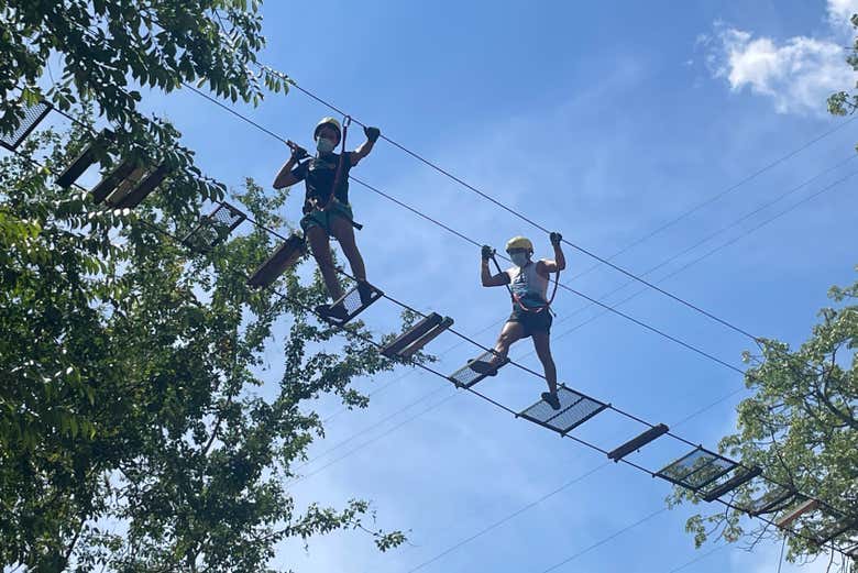 Crossing a hanging bridge