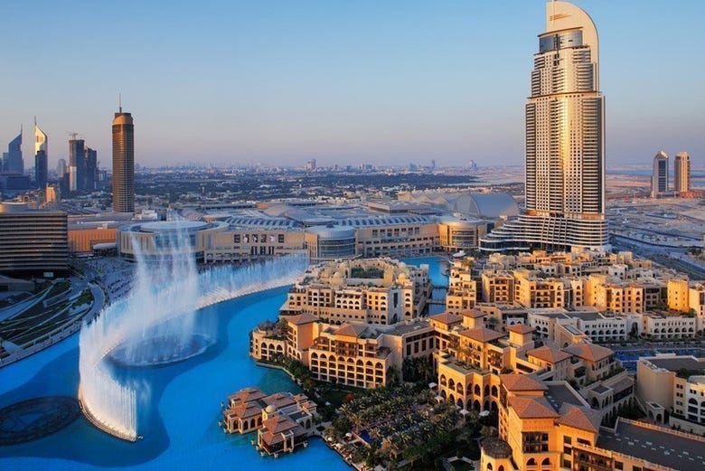 Aerial view of the Dubai skyline at sunset