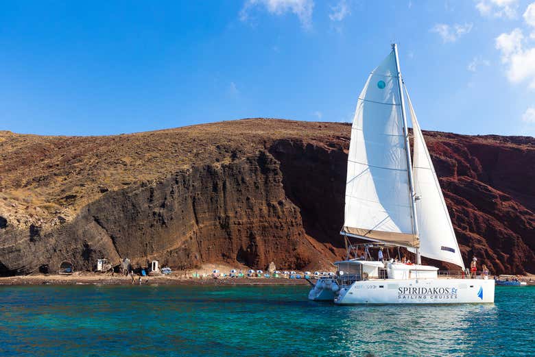 Come on this private catamaran trip in Santorini