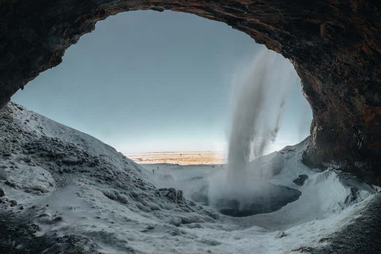 View behind the impressive Icelandic waterfall