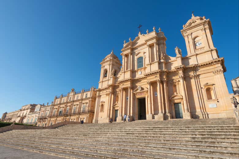 Admiring the facade of St. Nicholas Cathedral