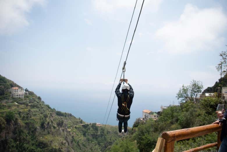 Sliding down the zip line