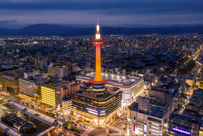 Kyoto Tower lit up at night