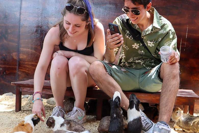 Dois amigos interagindo com os animais do Aquário Michin