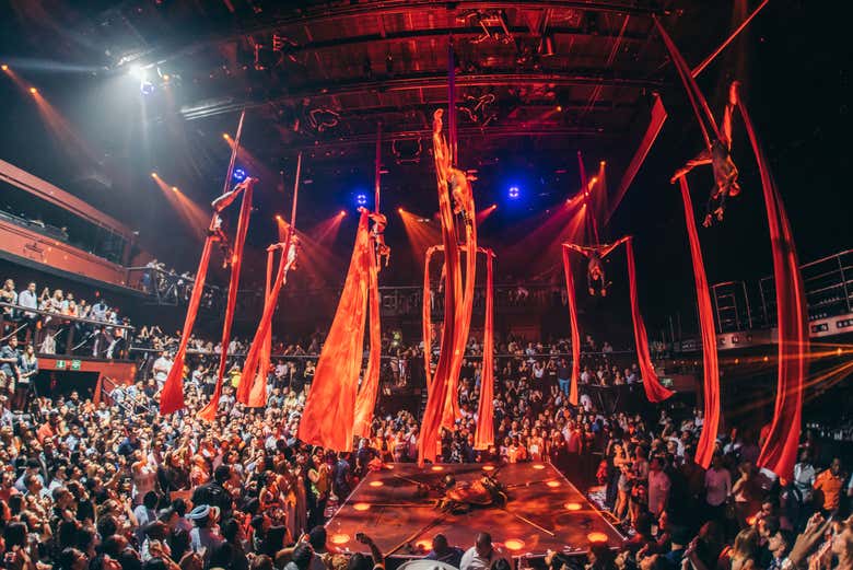 Acrobacias en telas de los intérpretes de 300 en Coco Bongo