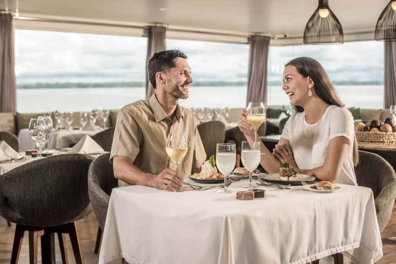 Having lunch at the restaurant on the luxury cruise ship