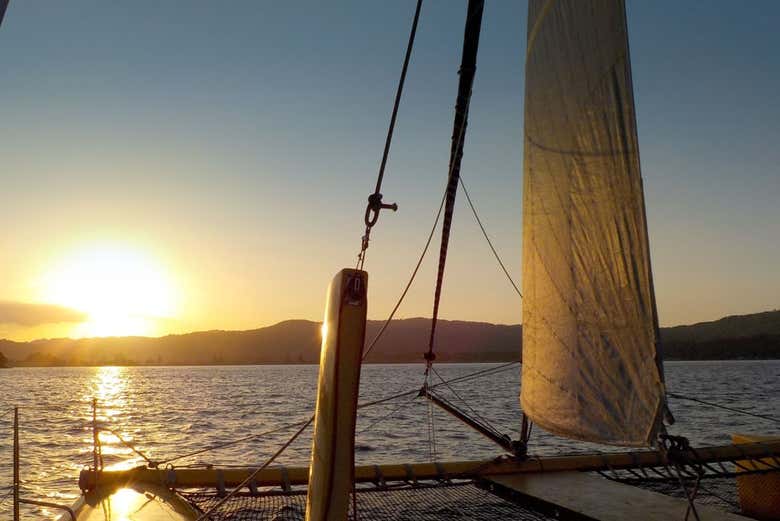 Admiring a unique sunset from the catamaran