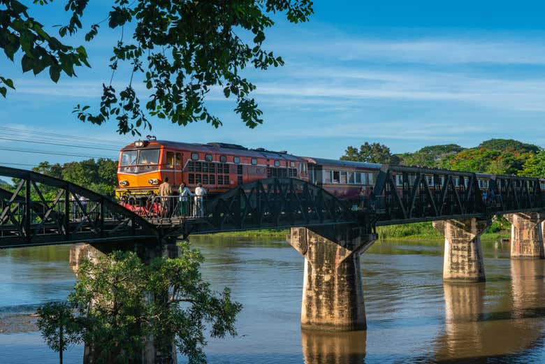 Cross the bridge on River Kwai by railway